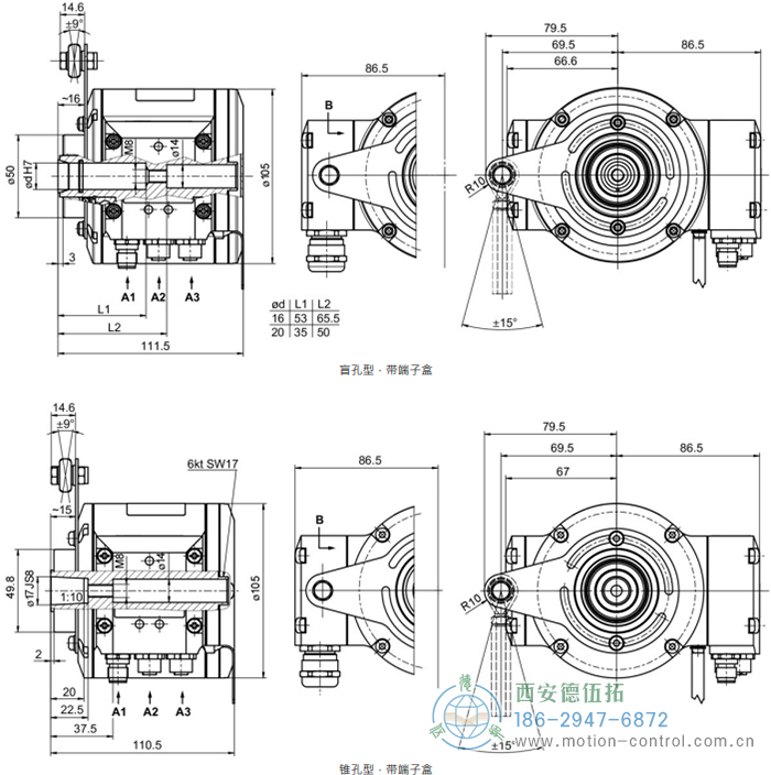 HMG10-B - EtherNet/IP絕對值重載編碼器外形及安裝尺寸(盲孔型或錐孔型) - 西安德伍拓自動化傳動系統(tǒng)有限公司