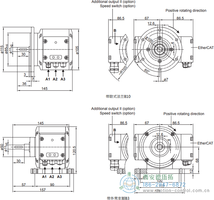 PMG10 - EtherCAT絕對值重載編碼器外形及安裝尺寸(?11 mm實心軸，帶歐式法蘭B10或外殼支腳 (B3)) - 西安德伍拓自動化傳動系統(tǒng)有限公司