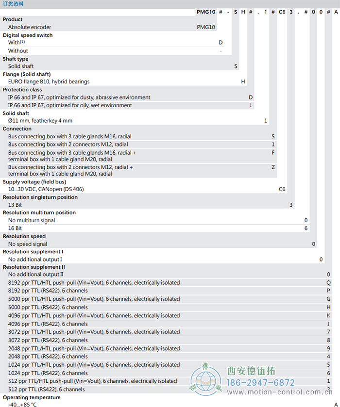 PMG10 - CANopen®絕對值重載編碼器訂貨選型參考(?11 mm實心軸，帶歐式法蘭B10或外殼支腳) - 西安德伍拓自動化傳動系統(tǒng)有限公司