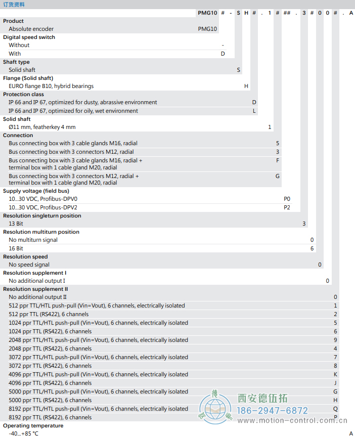 PMG10 - Profibus DP絕對值重載編碼器訂貨選型參考(?11 mm實心軸，帶歐式法蘭B10或外殼支腳 (B3)) - 西安德伍拓自動化傳動系統(tǒng)有限公司